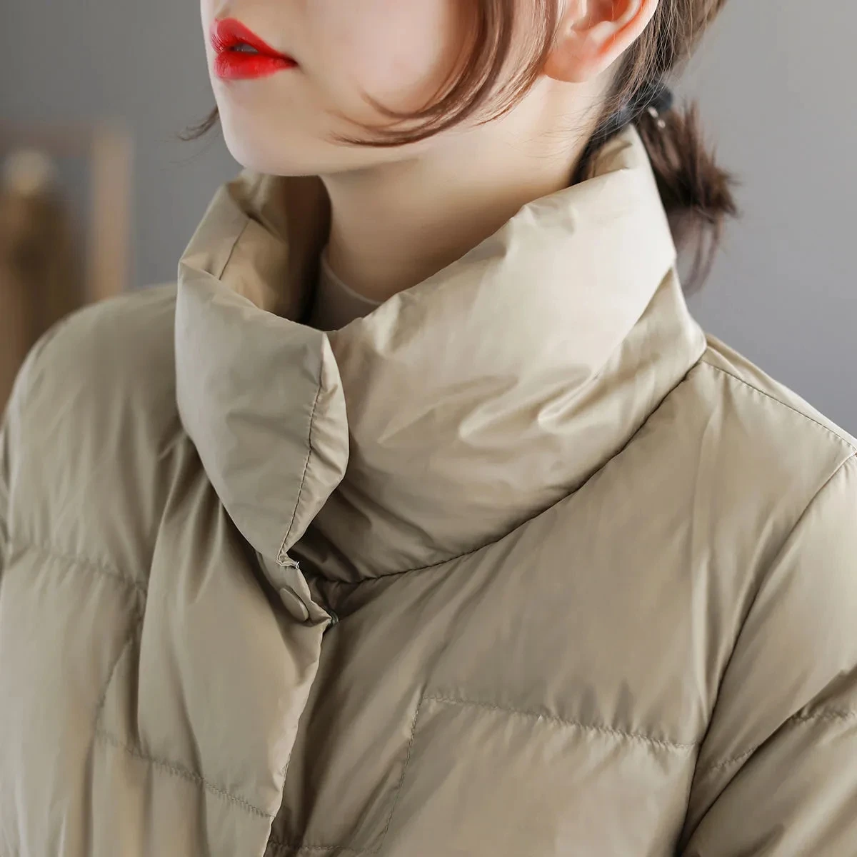 Khaki Short White Duck Down Jackets Women Korean Fashion Stand Collar Winter Coat Ultralight Single-Breasted Straight Snow Parka