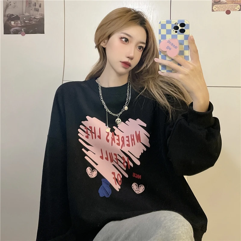 

6359 Korean version of the 2022 new ins super fire loose round neck lazy style thin print long-sleeved Sweatshirts