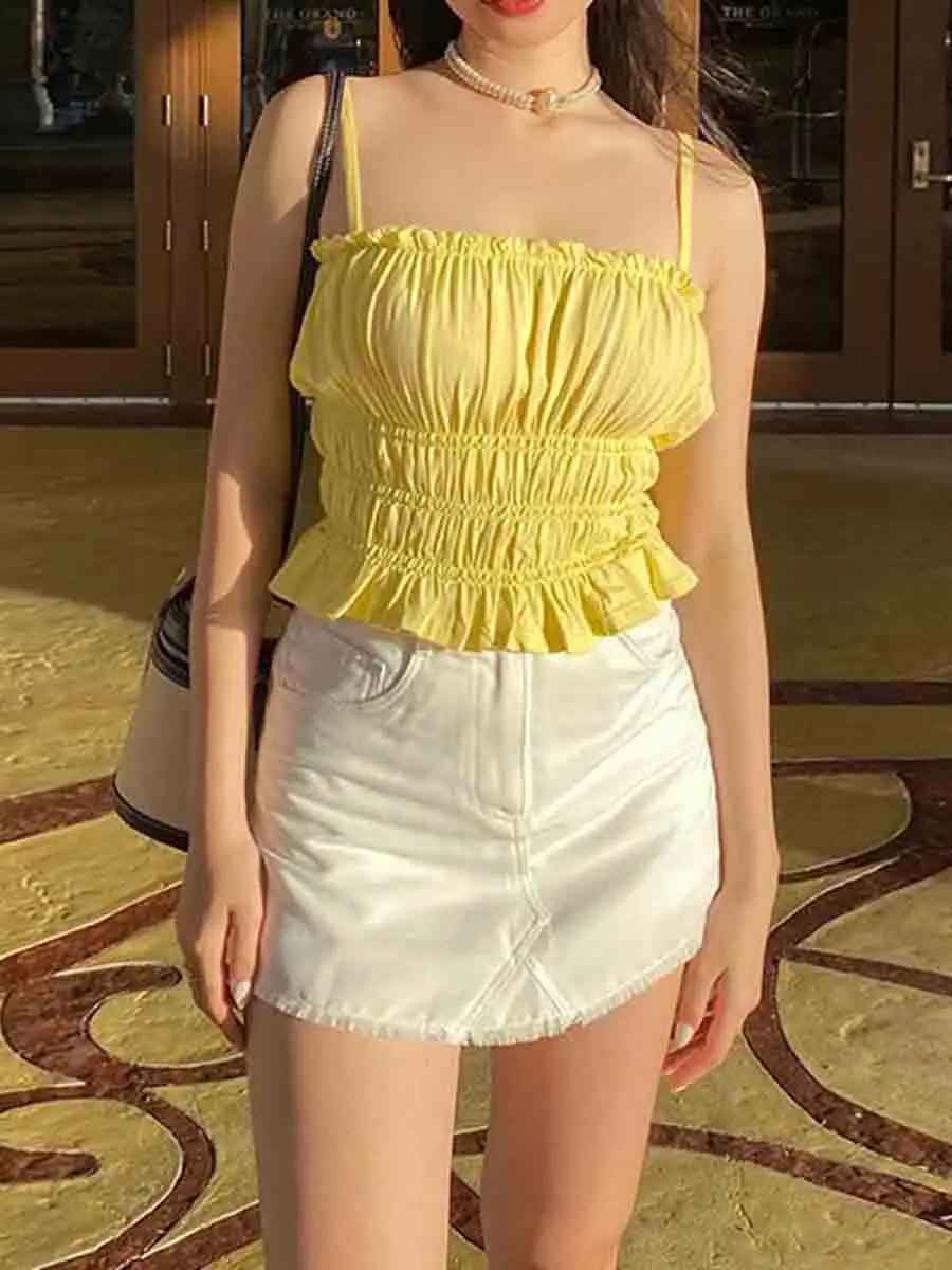 

2023 AvoDovA Women s Summer Smocked Cami Tops Sleeveless Spaghetti Strap Ruffle Hem Camisole Babydoll Tops (Light Blue M)