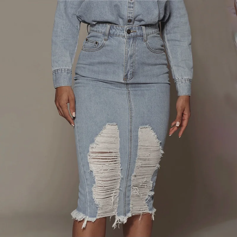 

Knee Length Denim Skirt Blue Urban Destroyed Ripped Hole Sexy One-step Casual Pencil Bodycon Skirt Solid Women Jeans Skirts Fall