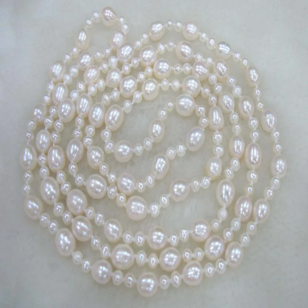 

Hand knotted necklace natural 5-10mm white freshwater pearl sweater chain pearl 50inch for women fashion jewelry