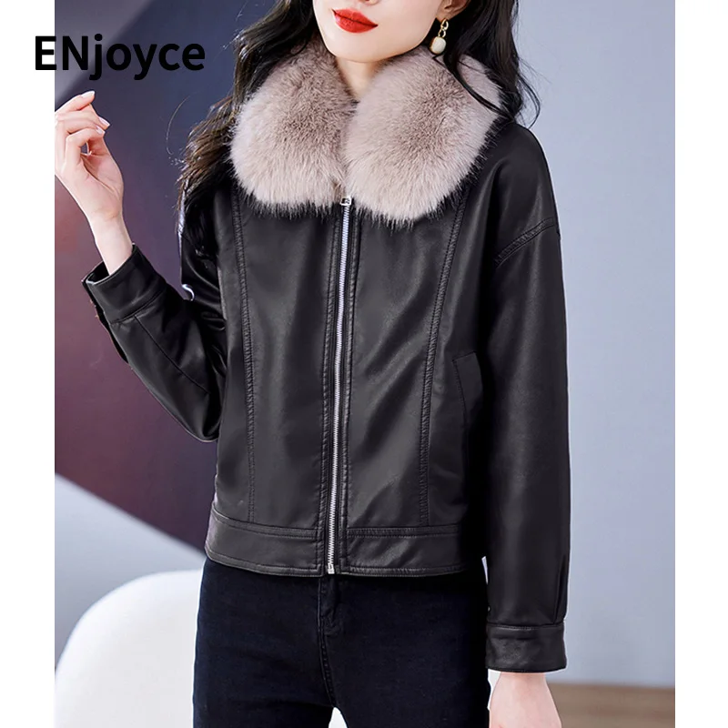 Women's Winter Thick Coats Casual Pocket Short Zipper Biker Inner Fleece Faux Leather Fur Collar Stitching Jacket Woman