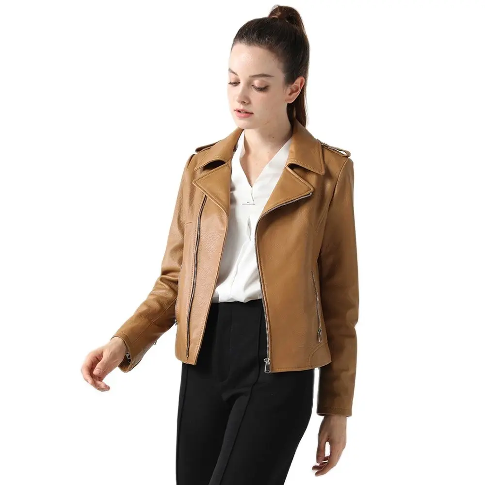 New Women Genuine Leather Jacket Spring Autumn Fashion Casual Turn-down Collar Sheepskin Short Coat Slim Moto Outerwear Female