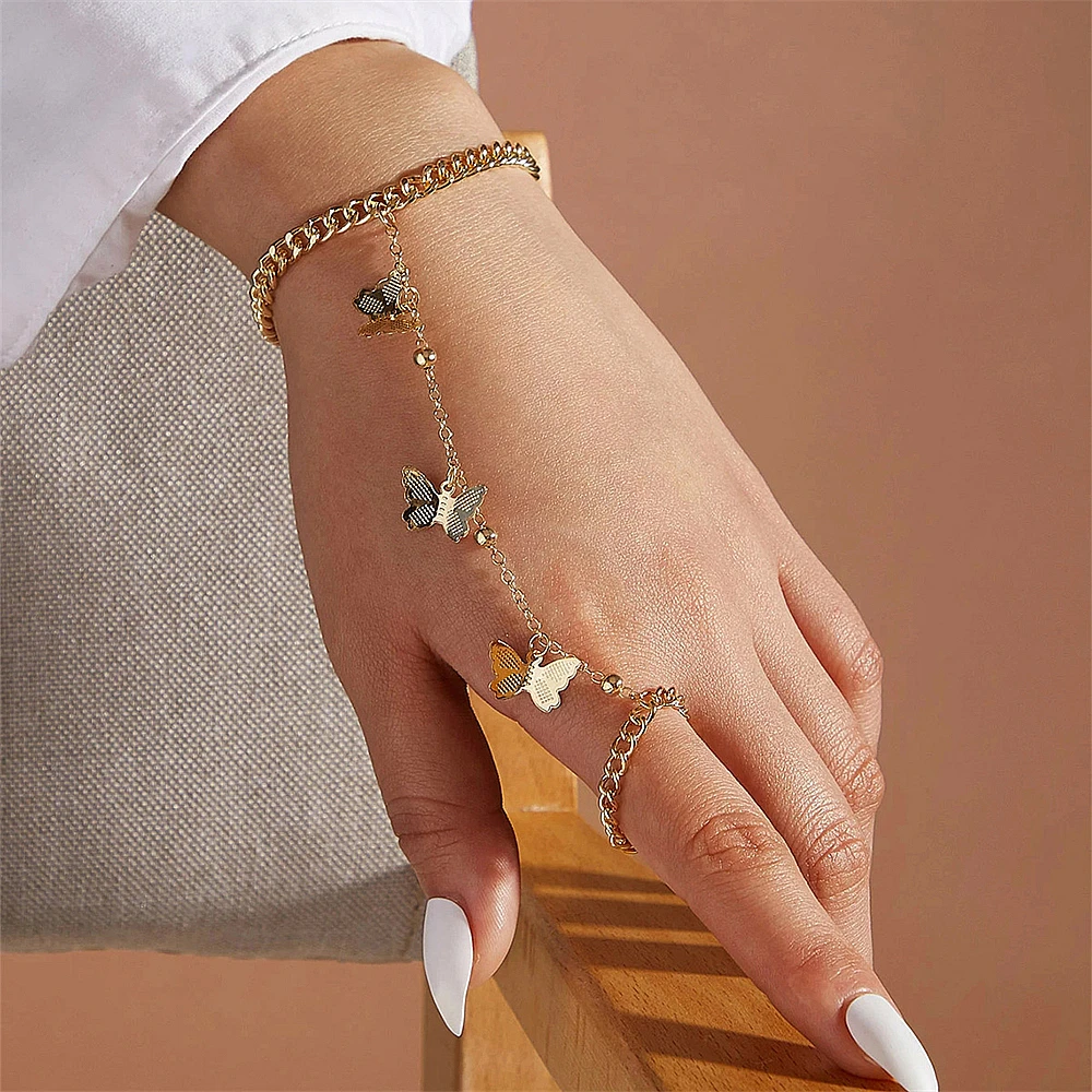 Fashion Butterfly Pendant Link Wrist Bracelet For Women Gothic Punk Finger Ring Bracelets Summer Aesthetic Jewelry