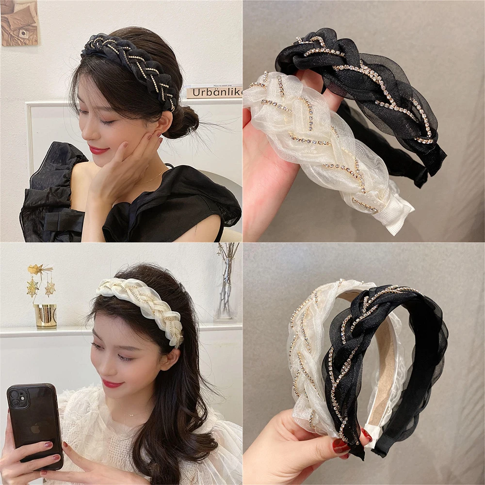 

Lace Rhinestone Wide Brim Headband Cross Braids Wash Face Non-Slip Headband Women Girls Fashion New Headwear Hair Accessories