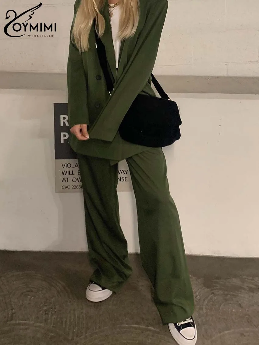 

Oymimi Fashion Green Office Sets For Women 2 Pieces Elegant Long Sleeve Double Breasted Shirts And Simple Trousers Female Sets