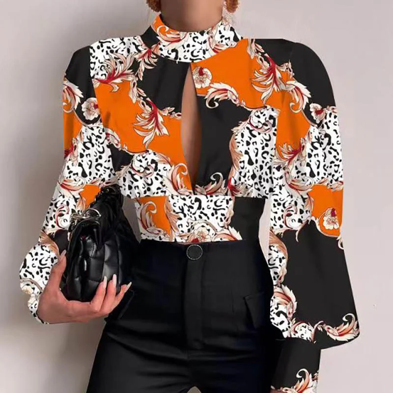 Блузка женская с воротником-стойкой элегантный пикантный пуловер открытой