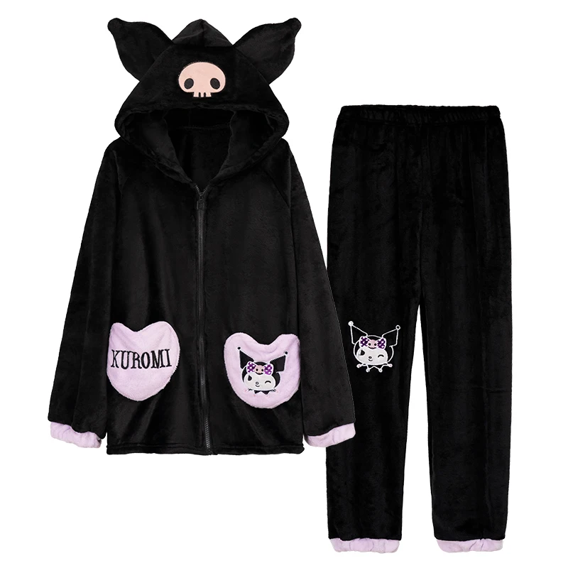 

Sanrioed Kuromi Cute Girl Heart Winter Thickened Velvet Nightgown Pants Anime Kawaii Coral Velvet Nightgown Home Clothes