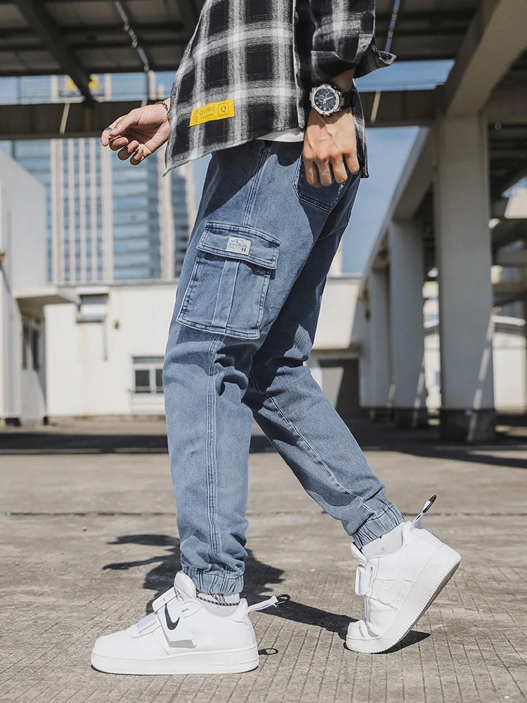 Black Blue Denim Jogger Pants Male Baggy Jean Trousers Plus 