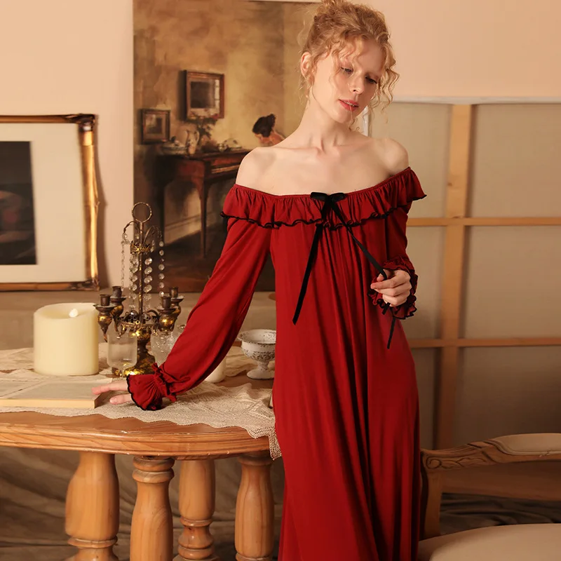 Women's Retro Wine Red Noble Elegant Square Collar Straight Collar Loose Fitting Modal Lounge Nightgowns Sleepshirts Sleepwear