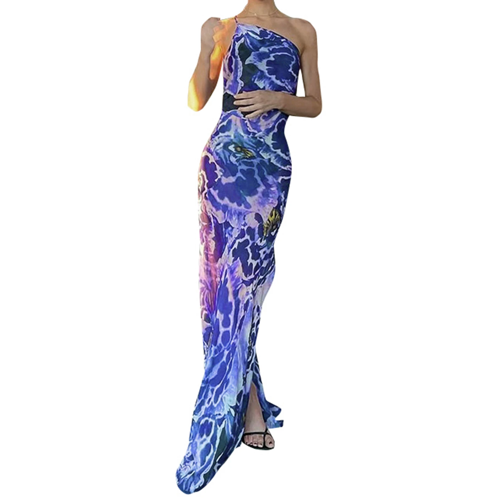 

Женское летнее длинное платье без рукавов, Модное шифоновое платье с принтом и косыми плечами, Пляжное праздничное платье с высоким разрезо...