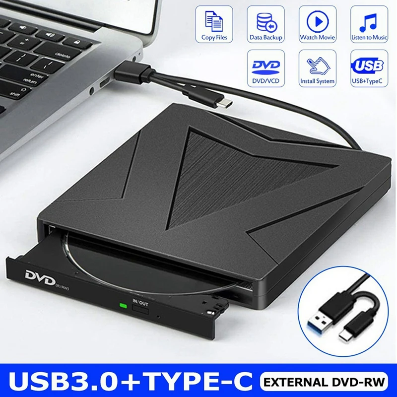 

USB3.0 External DVD Drive Type-C DVD Recorder Driver-Free Slim Portable DVD Drive Supports CD DVD VCD Disc Reading