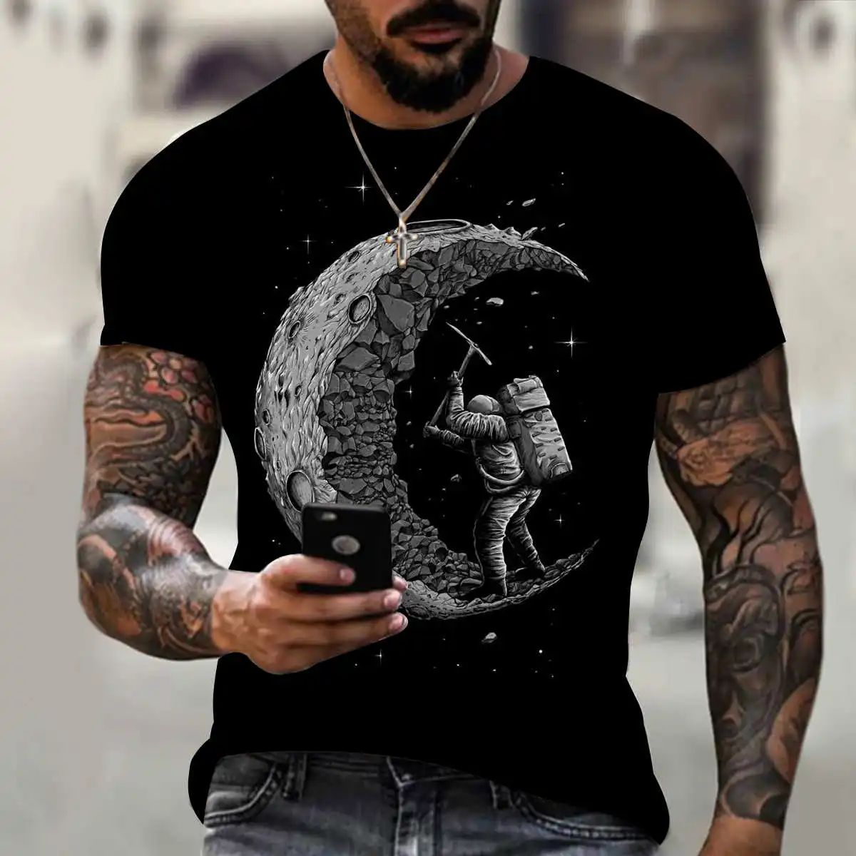 

Summer New Hot-Selling Fashion High-Quality Loose T-shirts Funny Design Astronaut Print Men's Tops T-shirts Cool Men's T-shirt