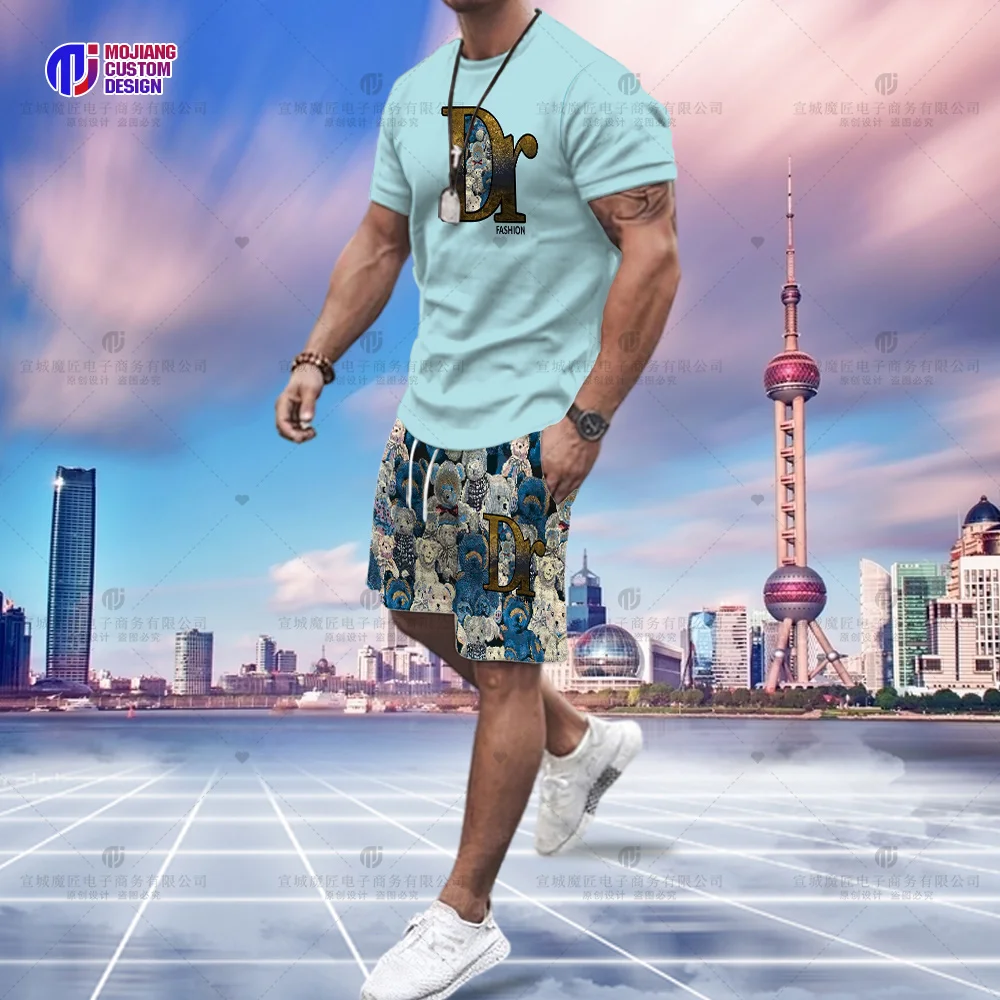 Short-Sleeved Suit Men's Top Trend Slim Simple Letter Casual Half-Sleeved T-Shirt Summer Round Neck Bear Pattern Shorts Clothing