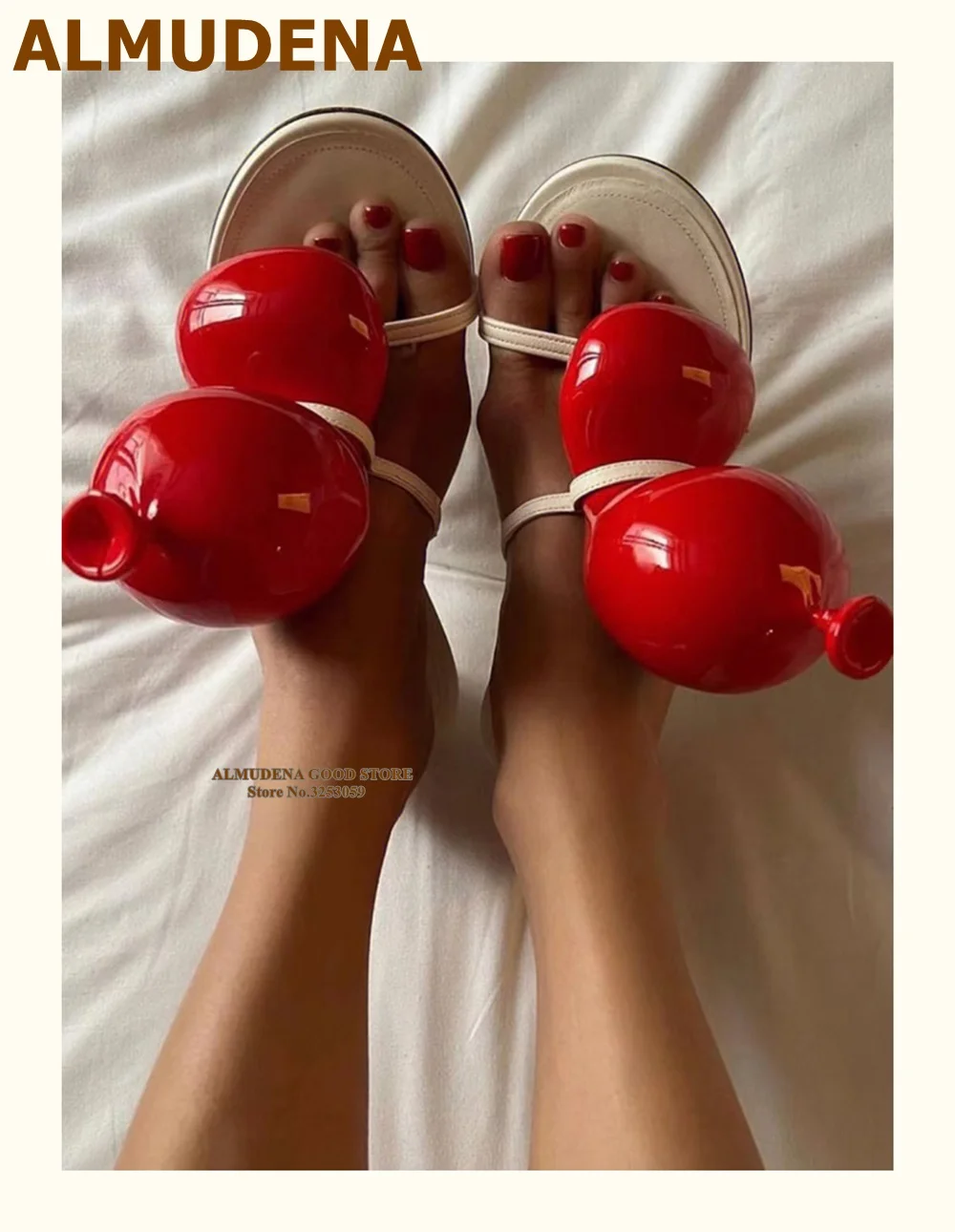 ALMUDENA Red Black Balloon Sandals 3D Designer White Bcukle Strap Stiletto Heel Slipers Sweet Girl's Dress Shoes Wedding Pumps