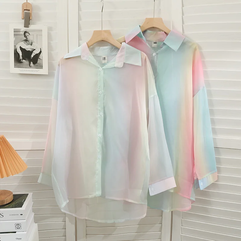 

Women Summer 2022 Thin Cardigan Transparent Blouse Lapel Loose Sunscreen Shirt Female Long Sleeve Button Up Ladies Tops Mujer
