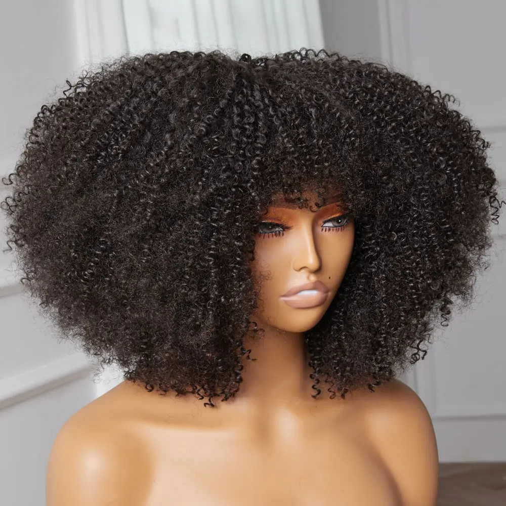 Natural Human Afro Kinky Curly Wig With Bangs Full Machine Density Remy Brazilian Short Curly Human Hair Wigs