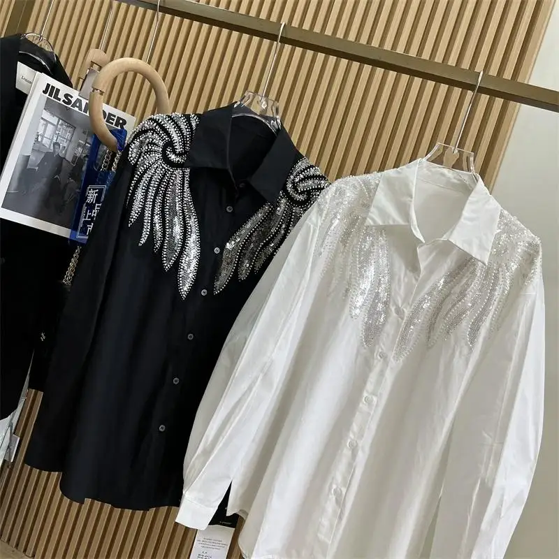 Блузка женская с блестками роскошная Свободная рубашка и крыльями Длинный топ