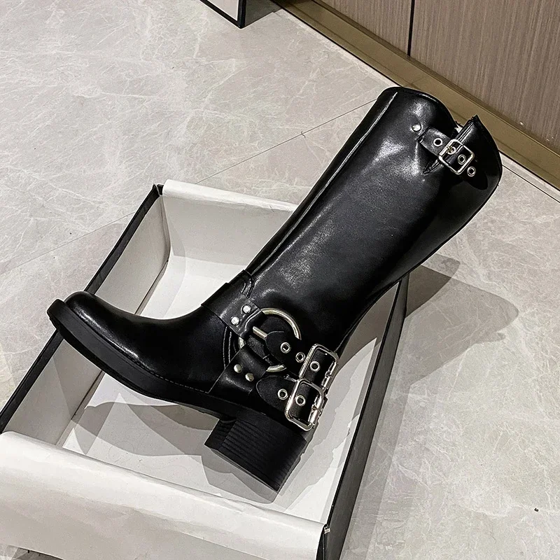 Зимние женские ботинки в западном стиле джинсовые ретро коричневые высокие