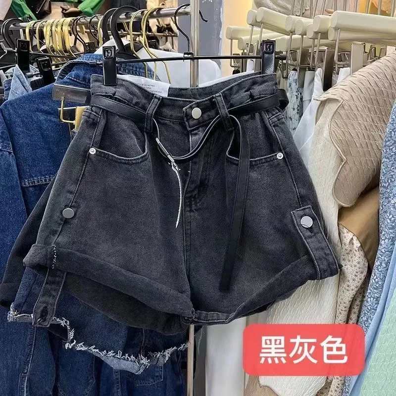 2022 New High Waist Harajuku Green Blue Denim Shorts College Style Summer Women Casual Loose Vintage Wide Leg Short Jeans Female