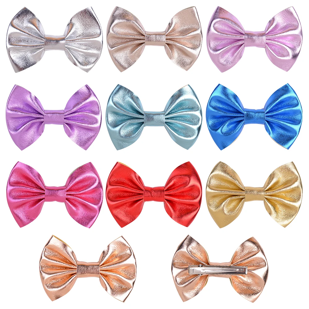 S 3.7inches Pu Gold Metallic Hair Clip For Girls Hair Bows Cute Children Hairpin Handmade Headwear Kids Hair Accessories