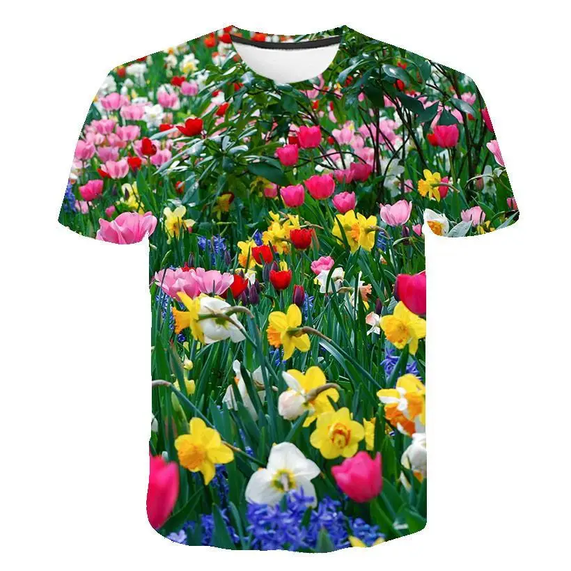 

Men's Streetwear New Summer 3D Pink Tulip Flower T-shirt Casual 3D Printing T-shirt Plant Flower S-6XL