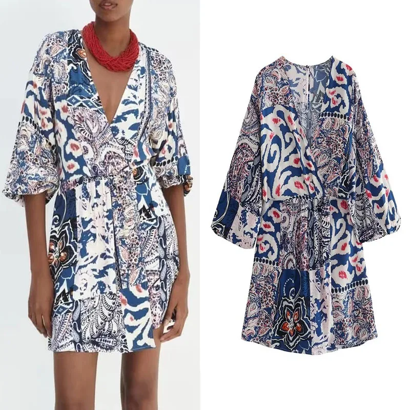 

TRAF 2023 Printed Playsuit For Women Summer V-Neckline Women'S Jumpsuit Elegant Long Sleeves Female Bodysuit Sexy Short Jumpsuit