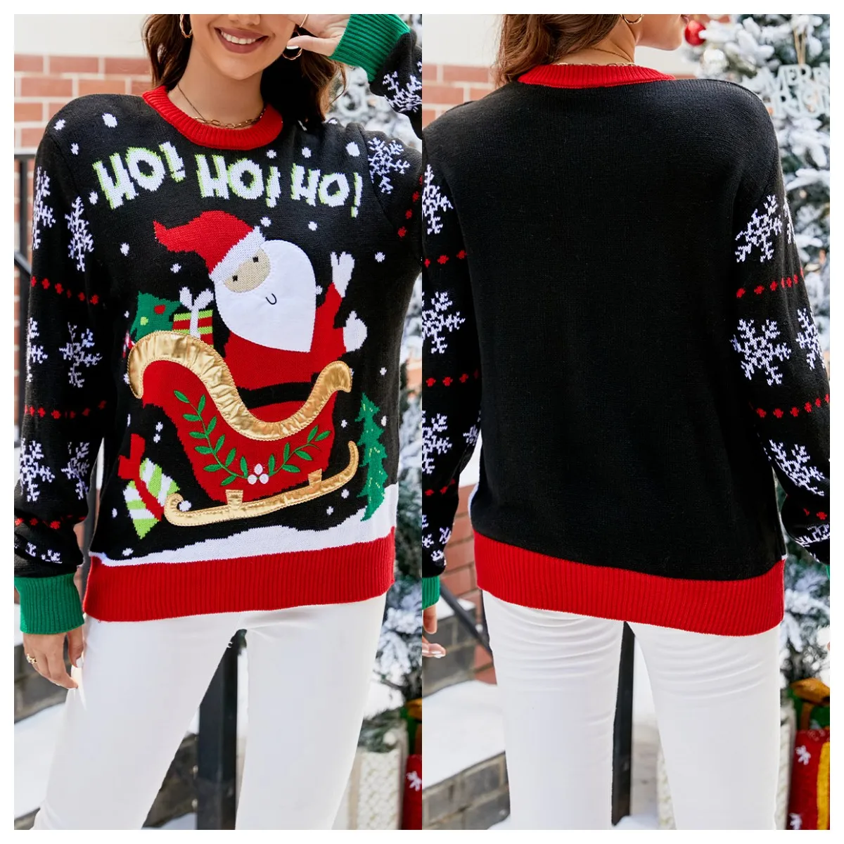 

Women Long Sleeve Sweater Lightweight Christmas Warm Knit Sweater Snowflake Printed Funny Ugly Xmas Santa Outerwear
