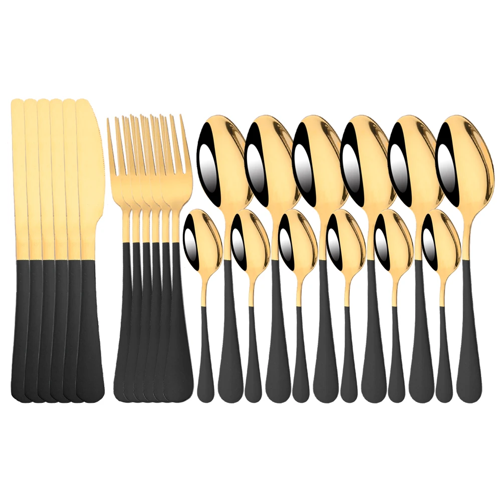 

Black Gold 24Pcs Tableware Stainless Steel Dinnerware Cutlery Set Forks Knives Spoons Kitchen Dinner Set Flatware Silverware Set