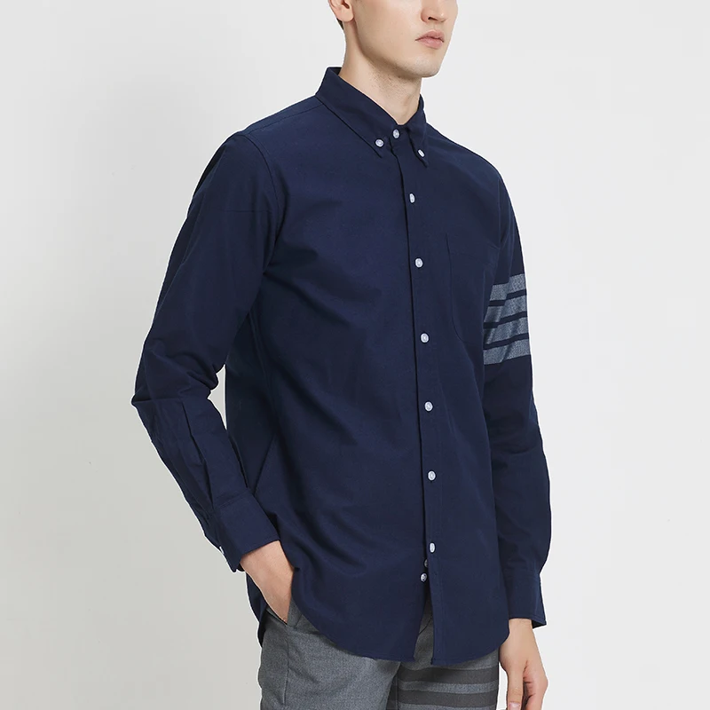 TB THOM Men's Shirt Navy Fashion Top Brand 4-Bar Gray Stripes Casual Oxford Fine Cotton Long Sleeve High Quality Women's Shirts