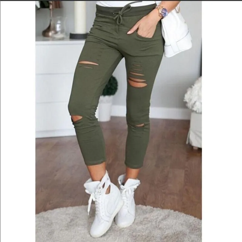 

Cargo Pants Ladies Fashion Slim High Waisted Stretchy Skinny Broken Hole Pencil Pants Solid Color Streetwear Trousers Ladiess