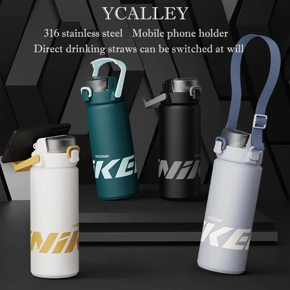 YCALLEY 1000ML 316 Stainless Steel Thermos Bottle With Mobile Phone Holder Portable Camping Travel Large Capacity Vacuum Flask