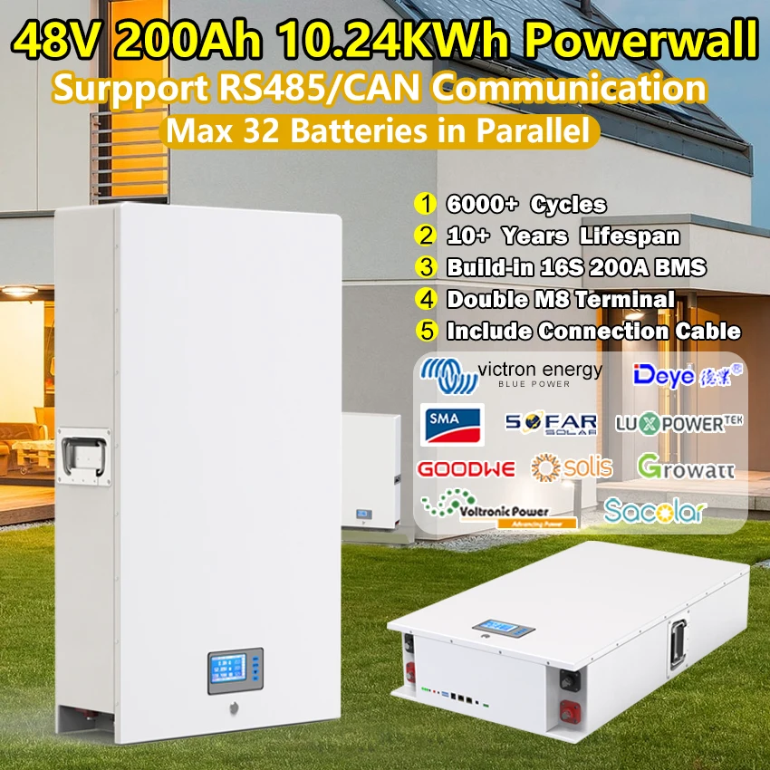 

48V 100Ah 200Ah Powerwall LiFePO4 Battery 51.2V 10KWh 5KWh with RS485 CAN Communication 6000+Cycles for Home Storage