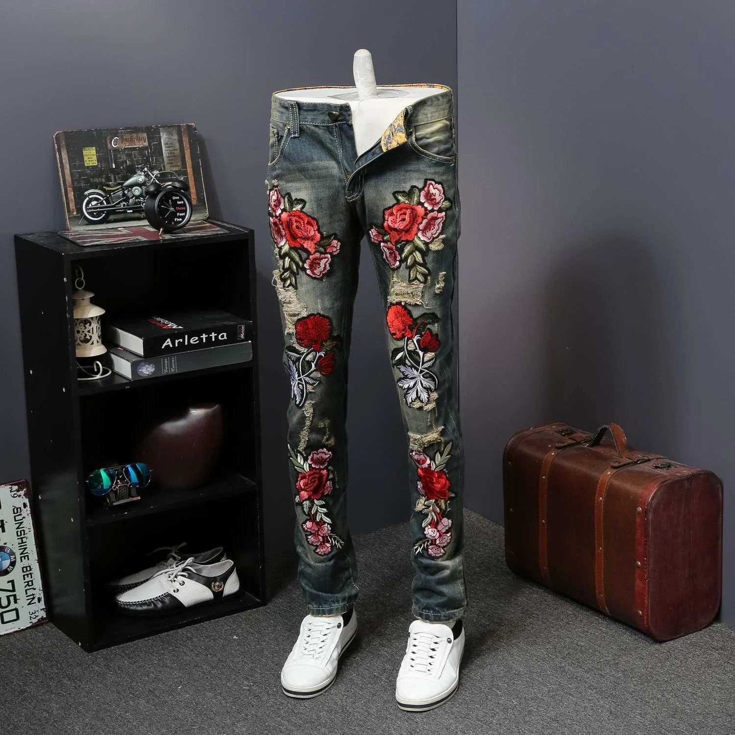 Denim Hip Hop Pants Trousers 2023 Fashion Flower Embroidery Summer New Skinny Jeans Men Casual Slim Fit Blue