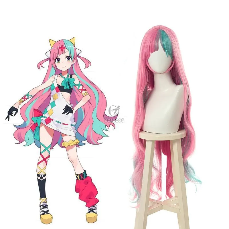 

ROLECOS Virtual Youtuber Pinky Pop Hepburn Long Curly Mixed Pink Cosplay Wigs Blue Pink Lolita Wig Water Wave Cosplay