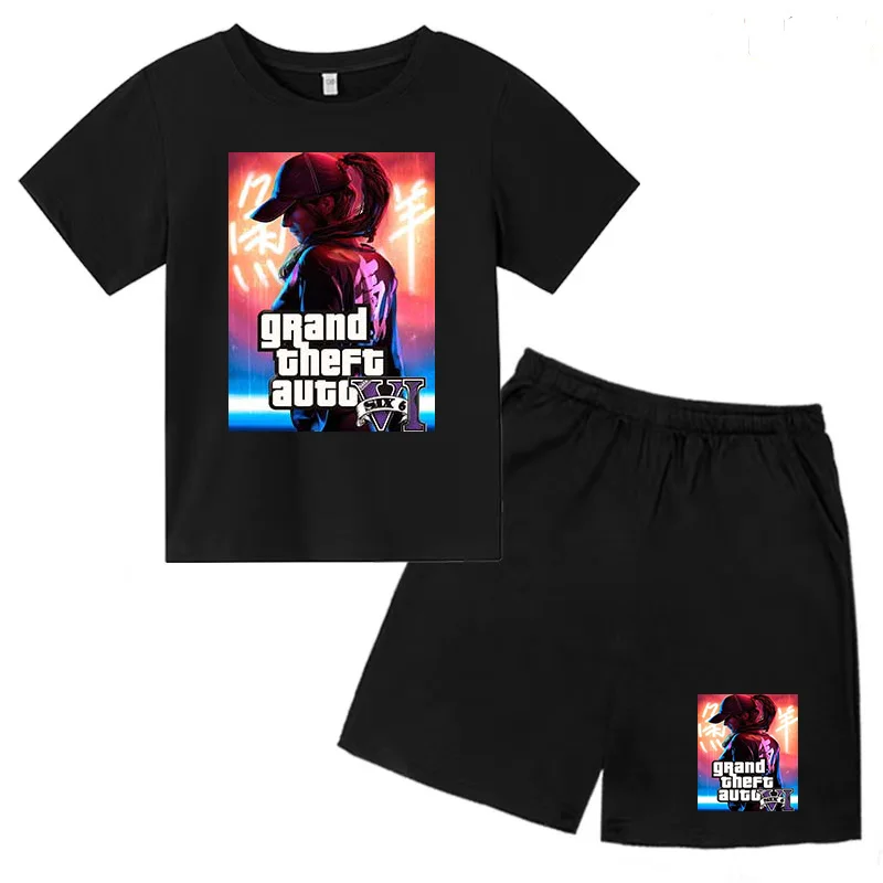 Grand Theft Auto Games GTA 5 Summer Kids T-shirt Fashion Casual Cartoon Boy Girl Baby Charming Top + Shorts 2 Piece Set Cotton