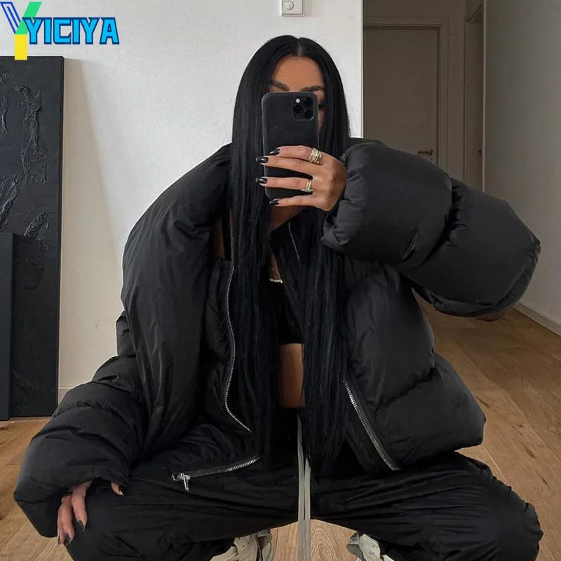 YICIYA Women's Winter Jacket Large Size 2023 Fashion Zipper Scarf Collar Puffer Short Coats High Street Outwear Casual Parkas