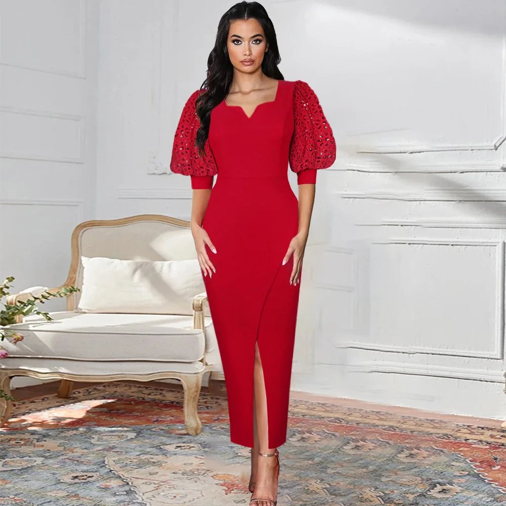 

Sexy V Neck Half Lantern Sleeve Patchwork Bodycon Dress Evening Party Dress Women Elegant Lace Hollow Out Pencil African Dress
