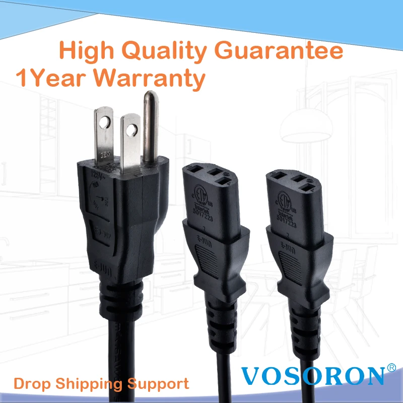 Внешняя мощность компьютера: 60320 футов/2 м-NEMA 5-15P до 2 МЭК 100 C13, 18AWG, 10A, SJT, может использоваться для приложений с 250-В переменного тока