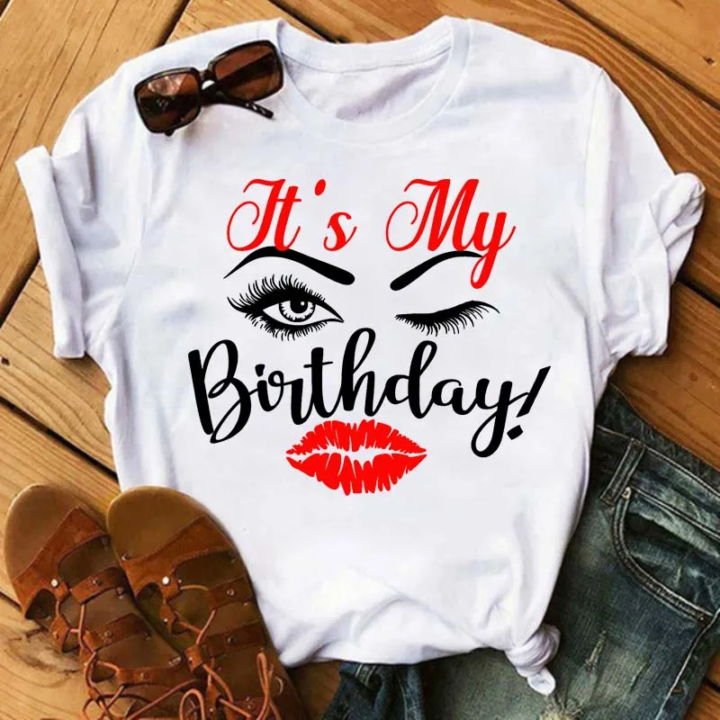 

Women's T-shirt Eyelash and Lips Print T Shirt Fashion Graphic T Shirts Funny Happy Birthday Party Tshirt Casual Female Tops Tee