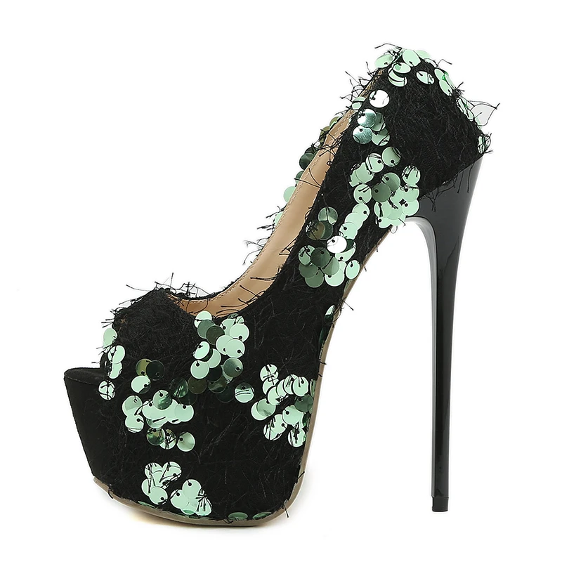 Peep Toe Sequin Stiletto 16CM High Heels Women's Pumps Summer Fashion Sexy Solid Color Black Size 35-42 Gladiator Shoes Party