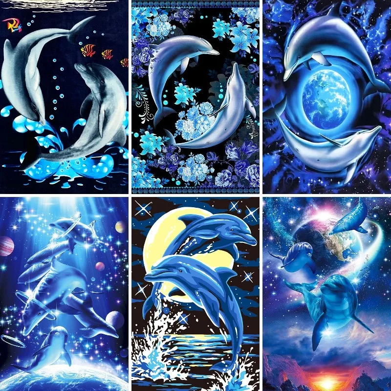 

Diamond Embroidery Blue Dolphins Couple New 2022 Cross Stitch Diamond Painting Animal Full Square Drill Mosaic Moon Wall Art