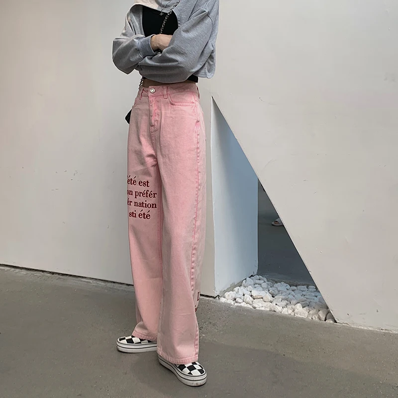 Women Casual High Waist oversized Wide Leg Jeans 2023 Letter Print Pink Straight Denim Pants Streetwear Boyfriend Style Jeans