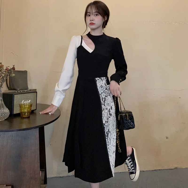 

Новинка Весна 2022, модное дизайнерское женское нишевое платье средней длины с кружевными вставками, черное французское платье