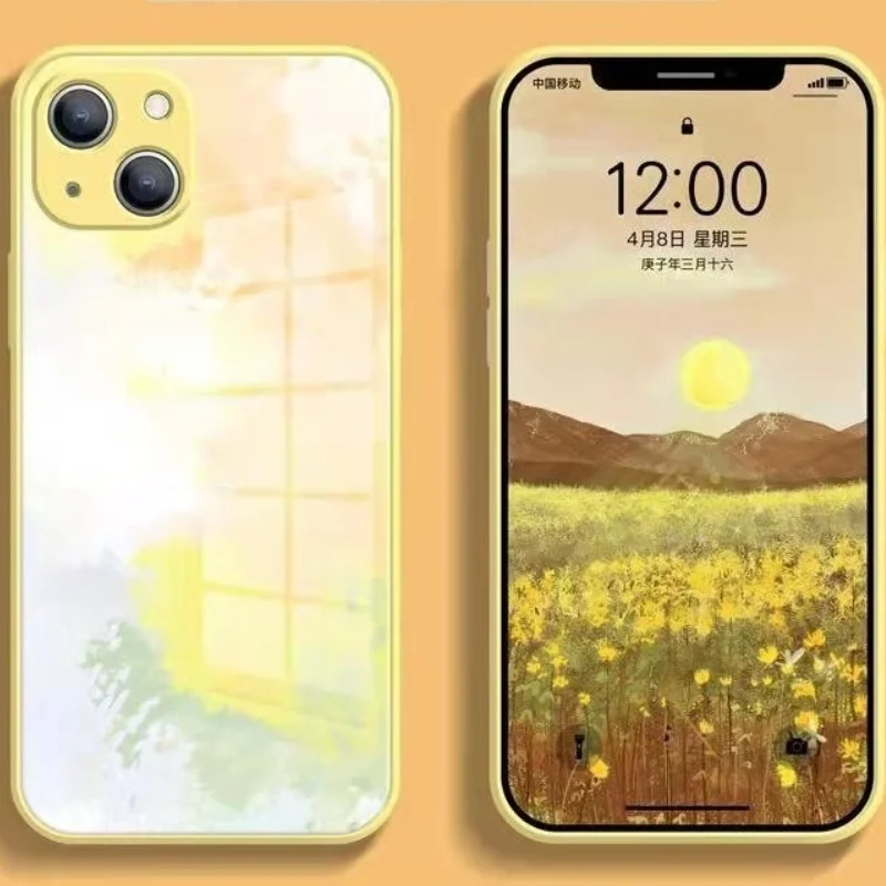 

Luxury Tempered Glass Phone Case for iPhone 13 Pro Max 11 12 XS MAX XR X 7 8 Plus Fashion Silicone Watercolor Protective Cover
