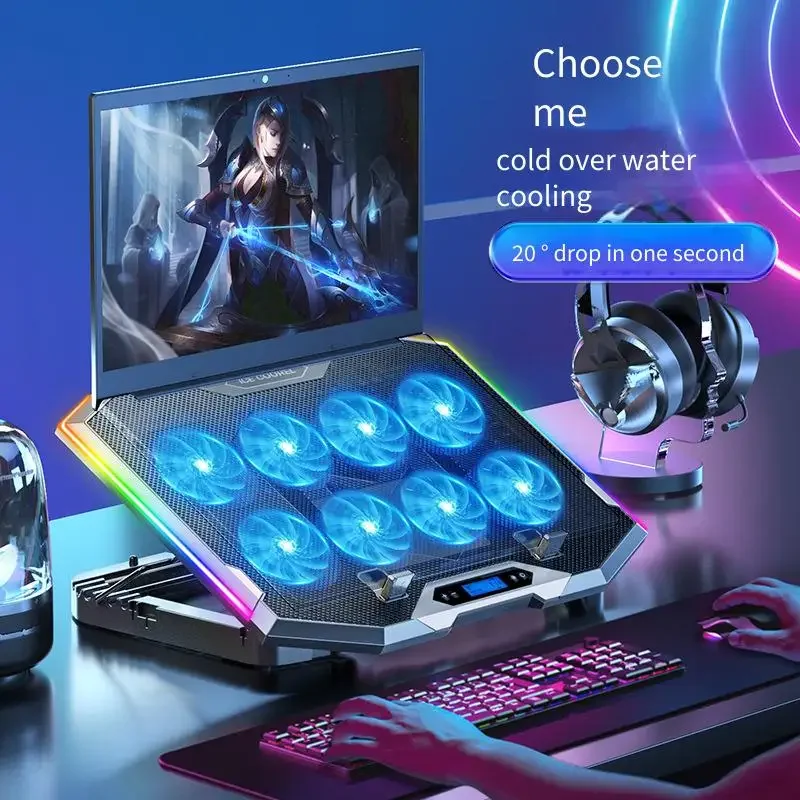 Фото Охлаждающая подставка для ноутбука K10 Gaming RGB с LED-экраном 12-18 дюймов, 3500 об/мин, 8 вентиляторов, 2 USB-порта №1
