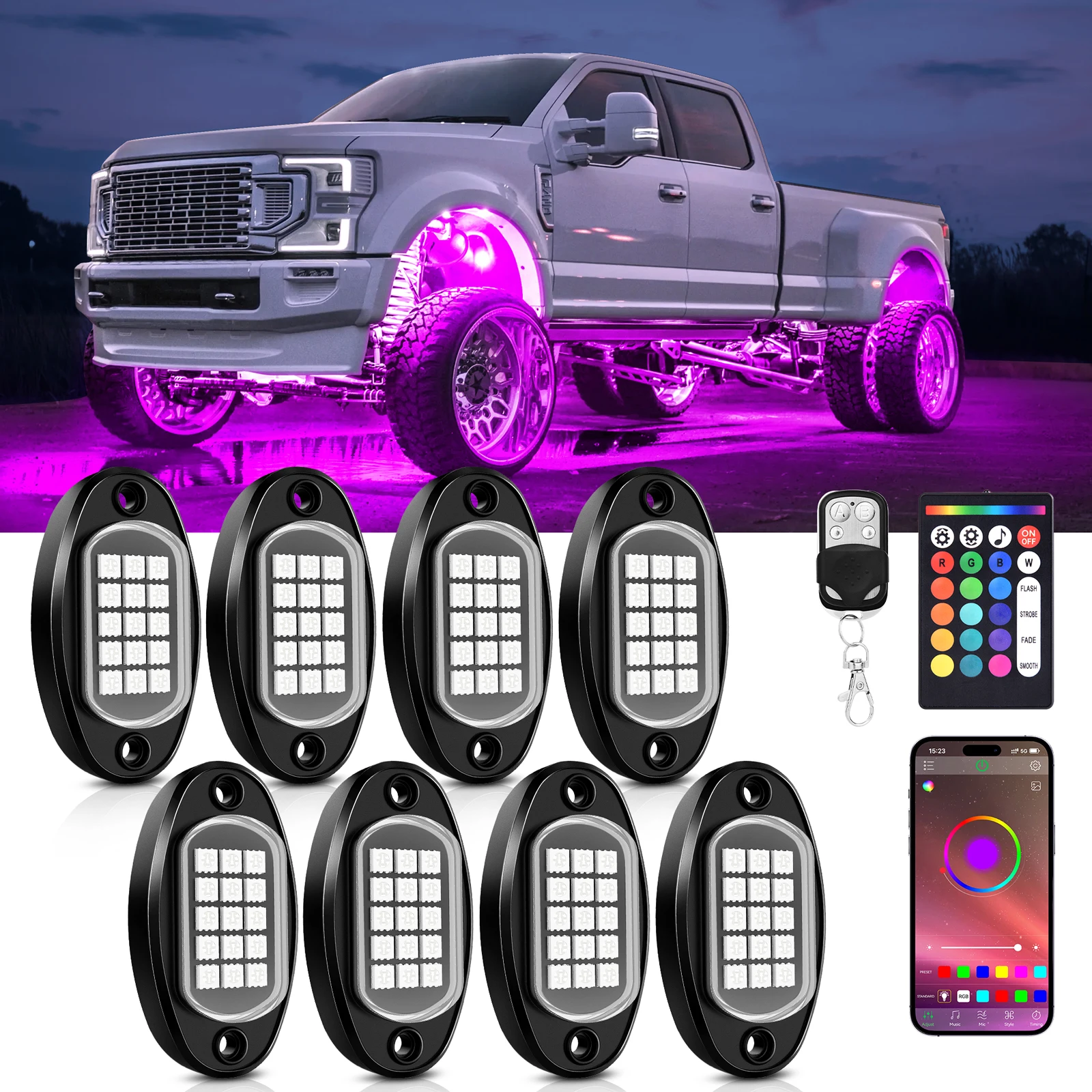 

MICTUNING Rock Lights Водонепроницаемые подсветные светодиодные фонари с приложением/дистанционным управлением и музыкальным режимом для пикапа автомобиля, внедорожника, квадроцикла