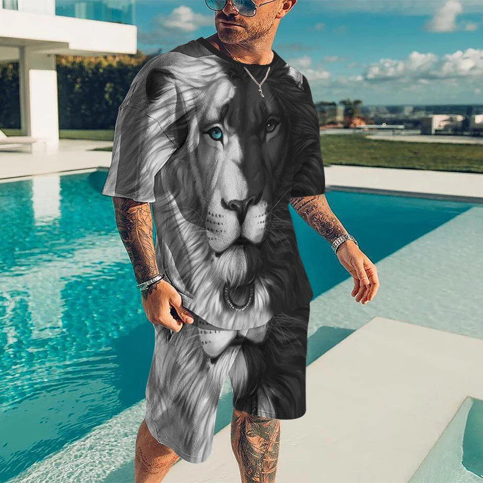 2022 Men Clothing Set 3D Printed T-Shirt Brave Lion Tiger Sportswear Domineering Fitness Track Pants 2 Piece Set