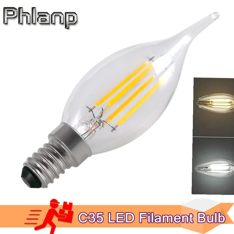 

Phlanp E14 LED Filament Bulb Edison Retro Candle Light 2W/4W/6W Warm/Cold White AC220-240V 360 Degree C35 Chandelier Lamp