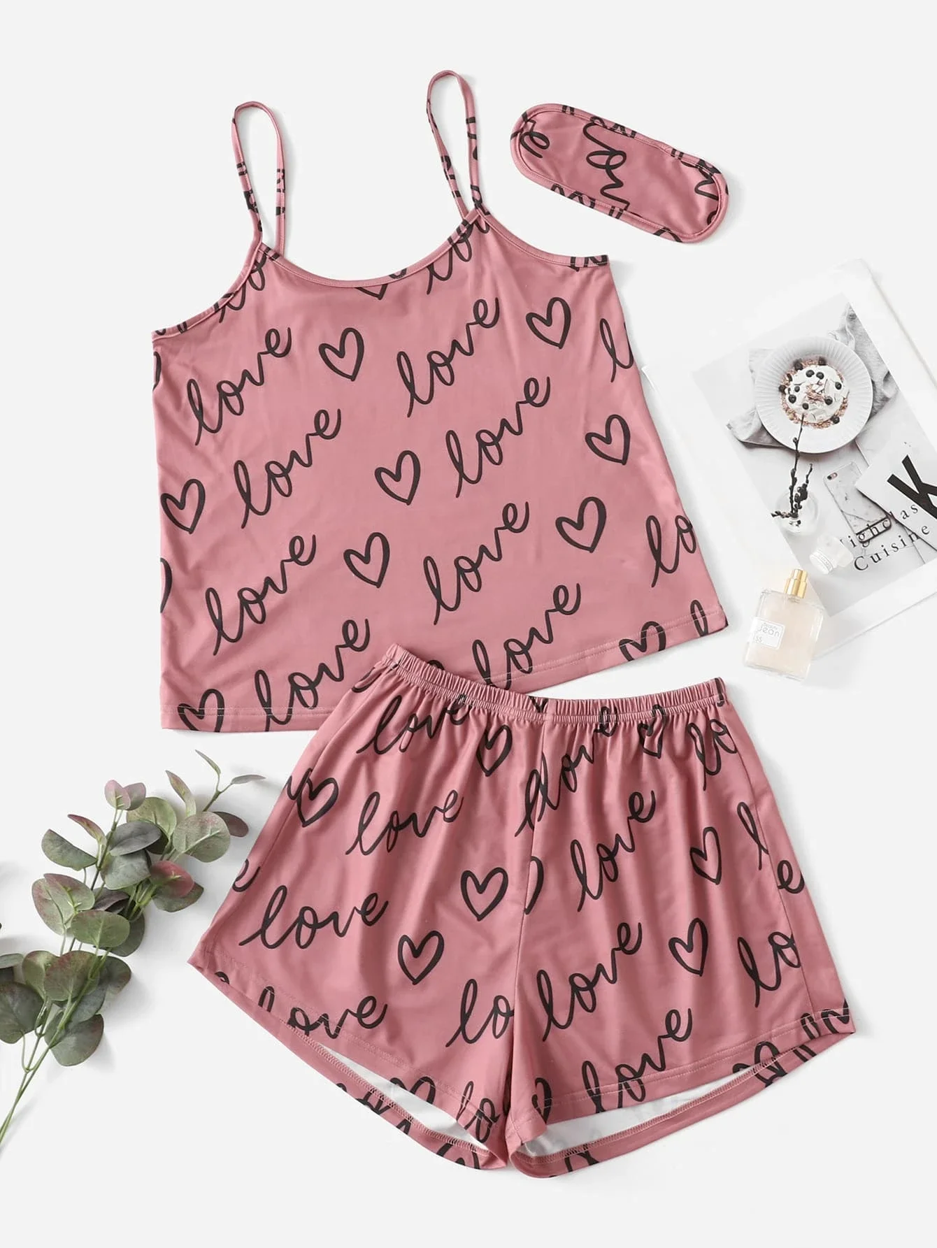 

Graphic Top & Shorts PJ Set With Eye Cover